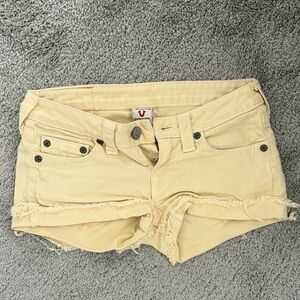 True Religion Pale Yellow Frayed Hem Jean Shorts